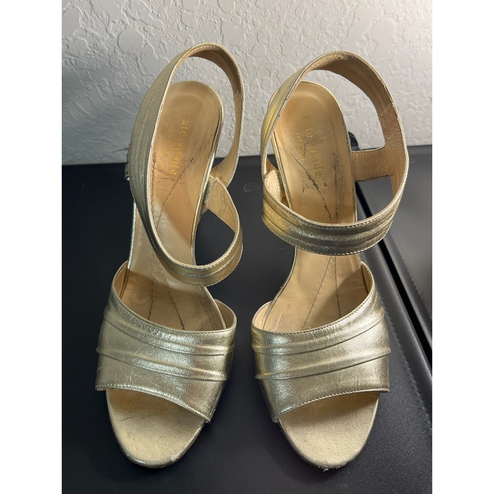 Kate Spade Helen Platino Metal Pumps Womens 7.5‎ Gold Leather Open Toe Heels